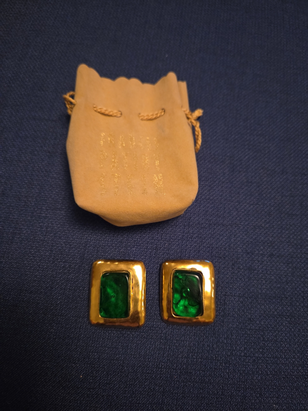 Frances Patiky Stein FPS Signed Designer Brooch Pins Green Cabochon Pair Vintage